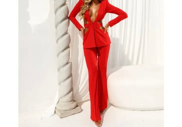 Women Red Sexy Full Sleeve Blazer Two Piece Pant Set