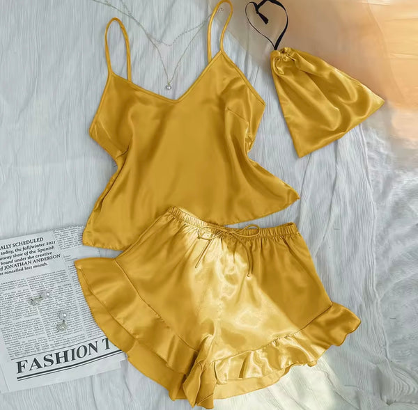 Women Sleeveless Satin Ruffled Lingerie Set