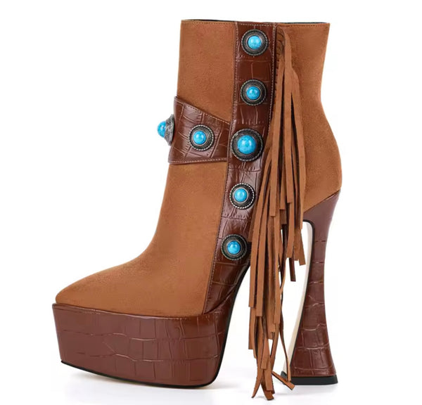 Women Fashion Suede Tassel Rivet Metal Platform Ankle Boots