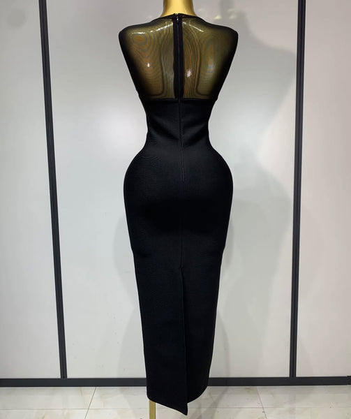 Women Sexy Solid Color Mesh Patchwork Sleeveless Maxi Dress