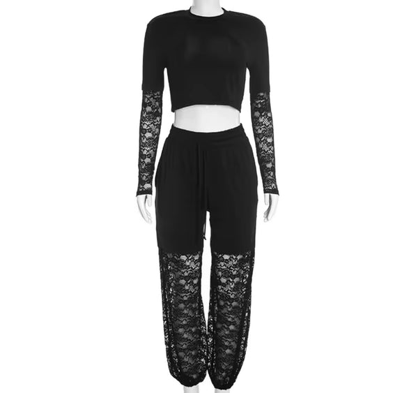 Women Black Lace Patchwork Full Sleeve Two Piece Pant Set