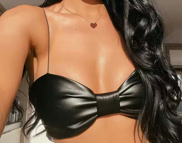 Women Sexy Sleeveless Black PU Bralette Top