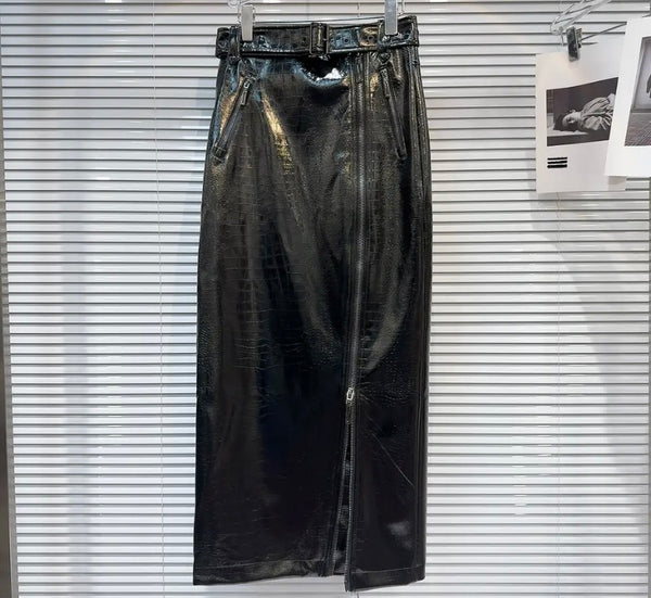 Women Black Front Zipper Belted Faux Leather Maxi Skirt