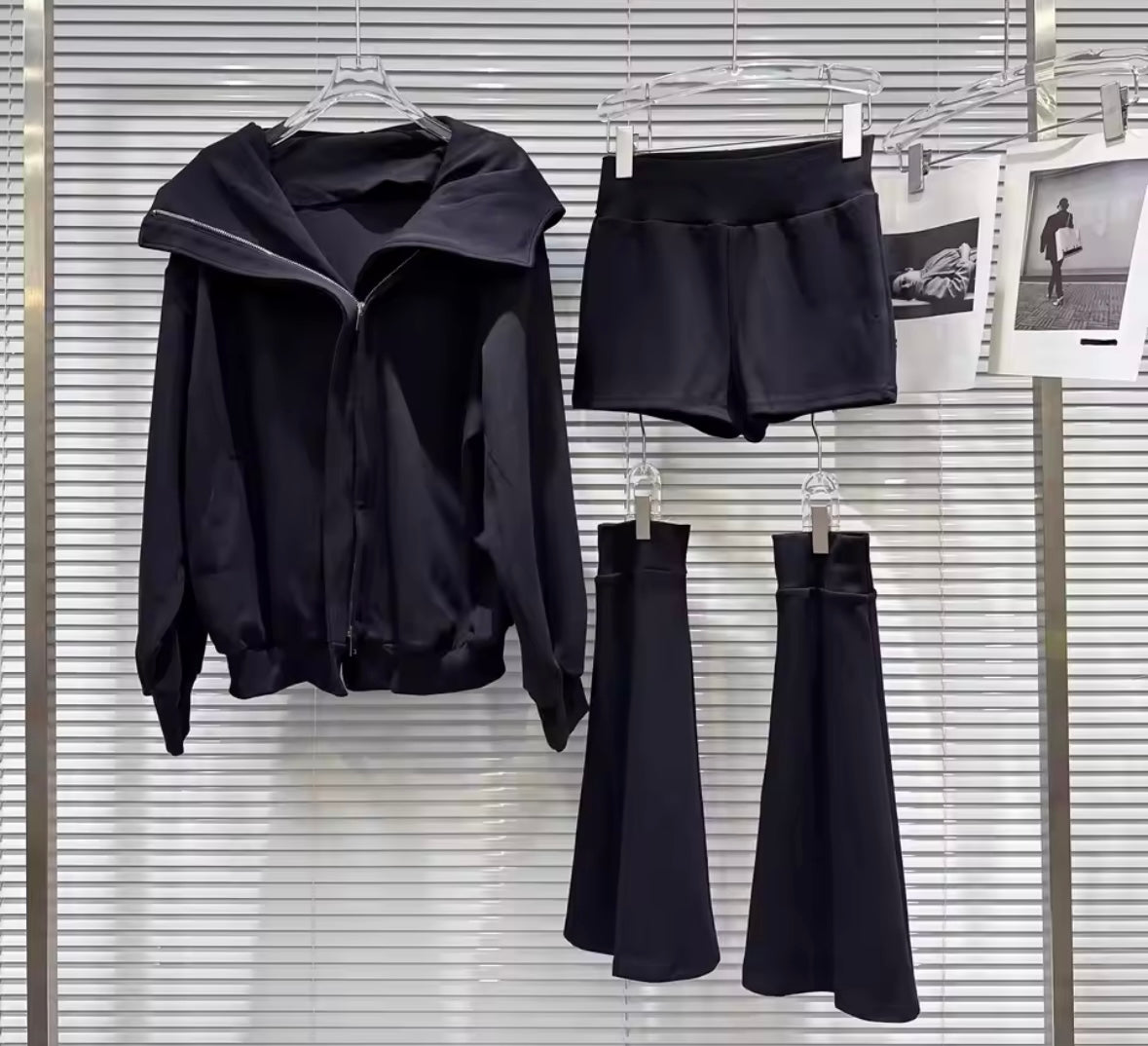 Women Fashion Hooded Zip Up Three Piece Pant Set