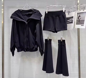 Women Fashion Hooded Zip Up Three Piece Pant Set