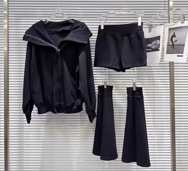 Women Fashion Hooded Zip Up Three Piece Pant Set