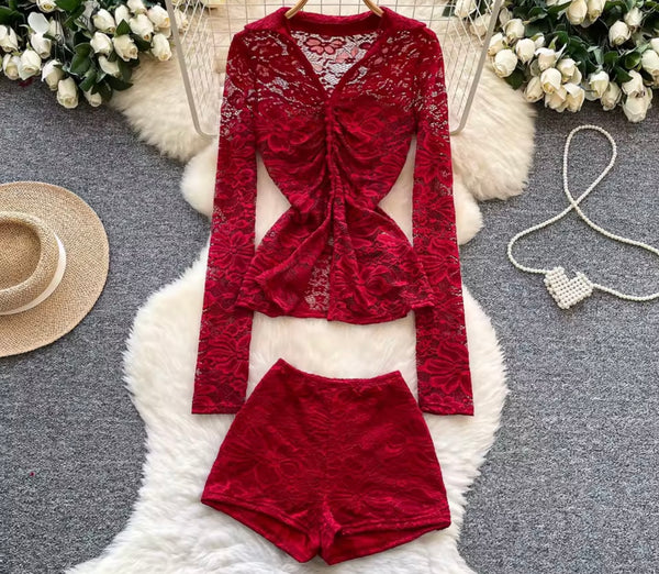 Women Sexy Fashion Lace Full Sleeve Blazer Two Piece Short Set