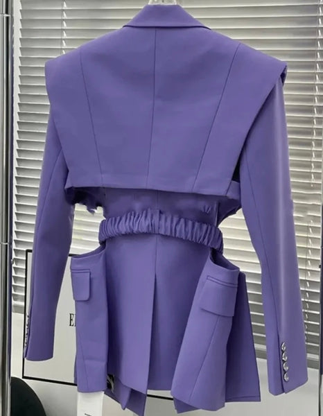 Women Purple Belted Fashion Blazer Top