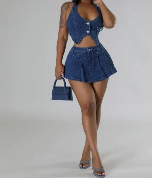 Women Sexy Denim Halter Two Piece Wrap Short Set