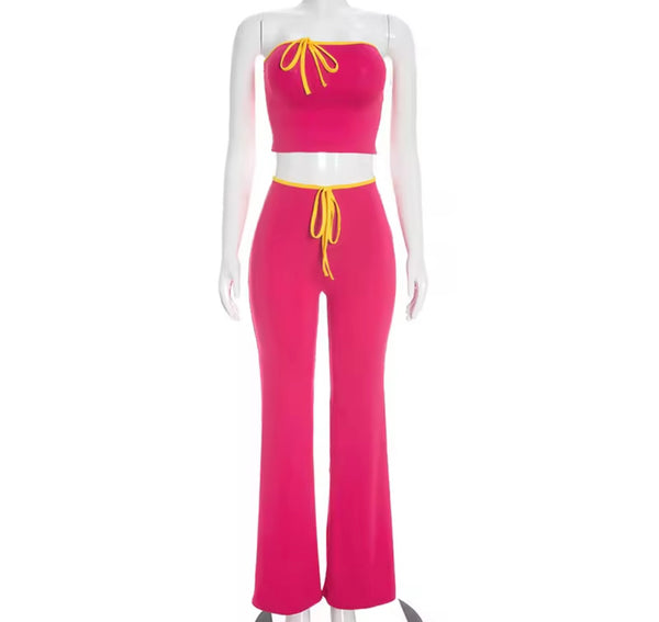 Women Sexy Tie Up Strapless Crop Two Piece Pant Set