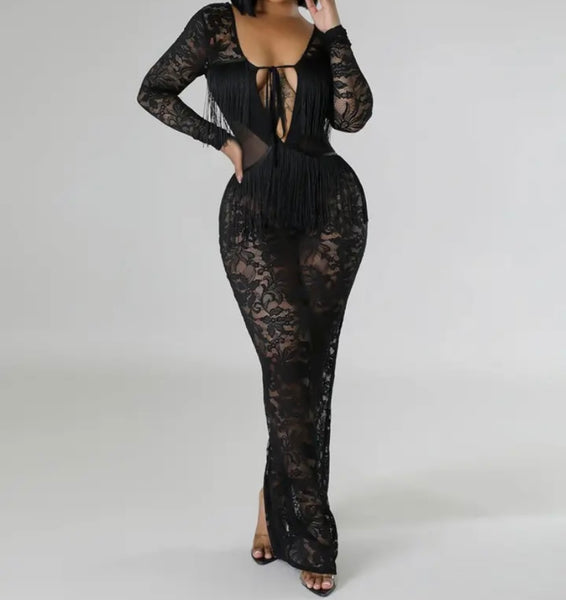 Women Black Sexy Lace Fringe Open Back Full Sleeve Maxi Dress