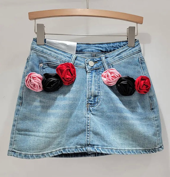 Women Color Floral Patchwork Fashion Denim Skirt