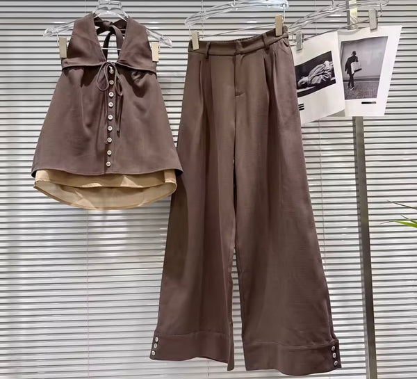 Women Button Bow Halter Sleeveless Two Piece Pant Set