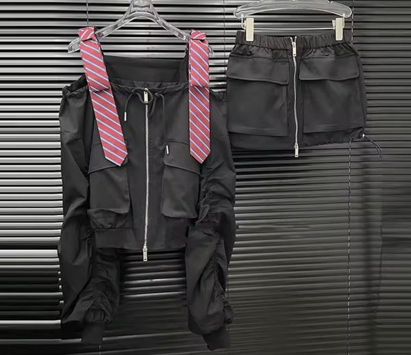 Women Striped Black Off The Shoulder Zip Up Two Piece Skirt Set