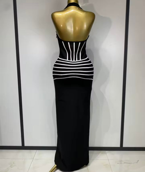 Women Sexy B&W Striped Halter Sleeveless Front Split Maxi Dress
