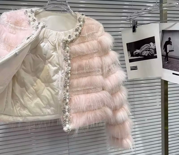 Women Fashion Pink Rhinestone Pearl Faux Fur Jacket