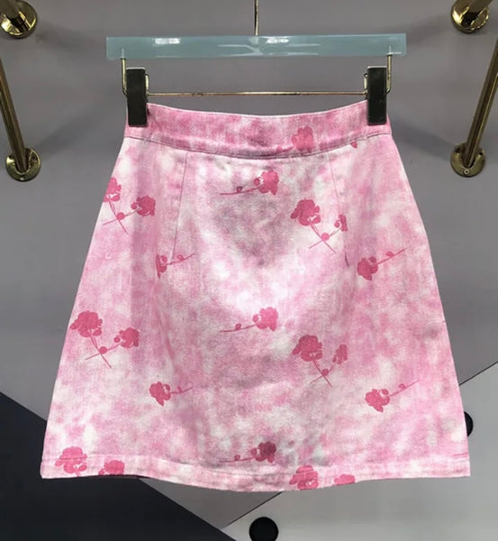 Women Sexy Fashion Pink Printed Denim Skirt
