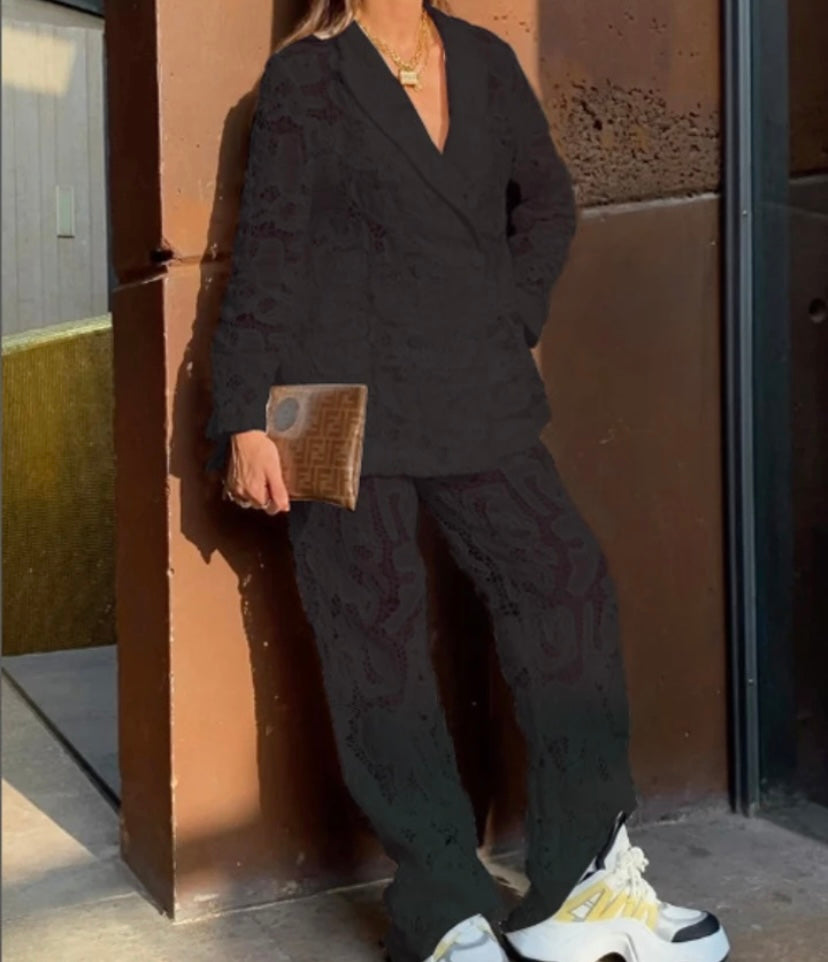 Women Sexy Fashion Full Sleeve Lace Blazer Two Piece Pant Set