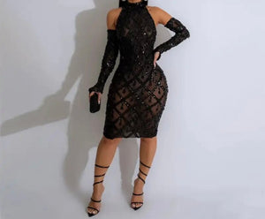 Women Sexy Sleeveless Sequins Patchwork Glove Mesh Dress