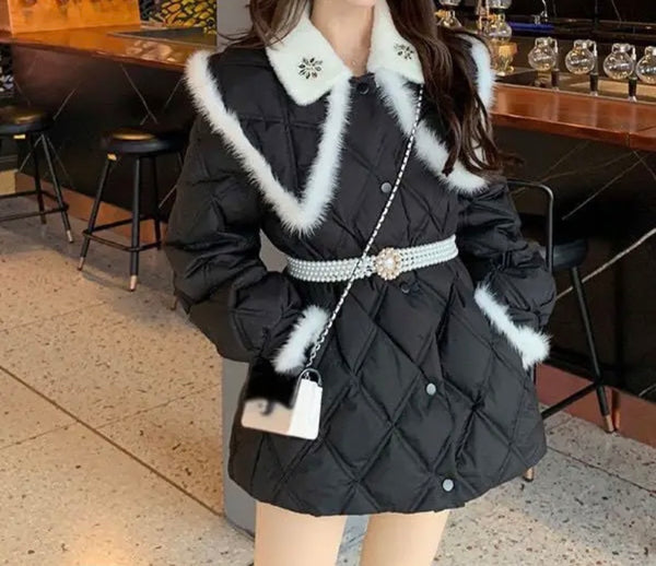 Women Fashion B&W Faux Fur Patchwork Pearl Belted Jacket