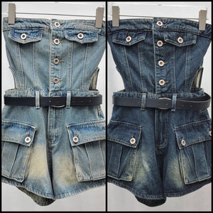 Women Sexy Button Up Strapless Fashion Denim Romper