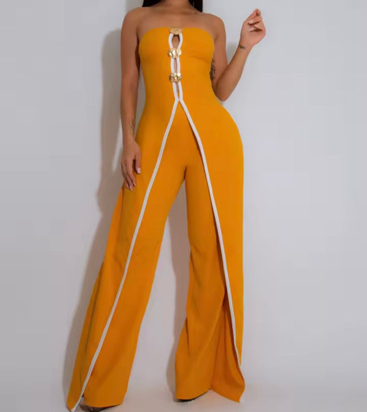 Women Sexy Strapless Button Striped Asymmetrical Jumpsuit