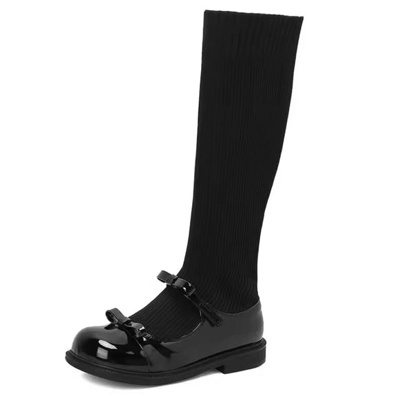 Women Fashion Black Bow Sock Flat Ankle/Mid Calf Boots