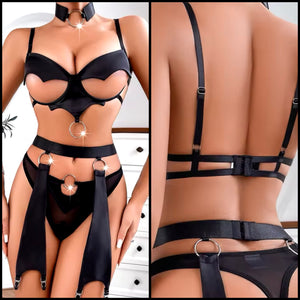 Women Sexy Black Cut Out Mesh Metal Lingerie Set