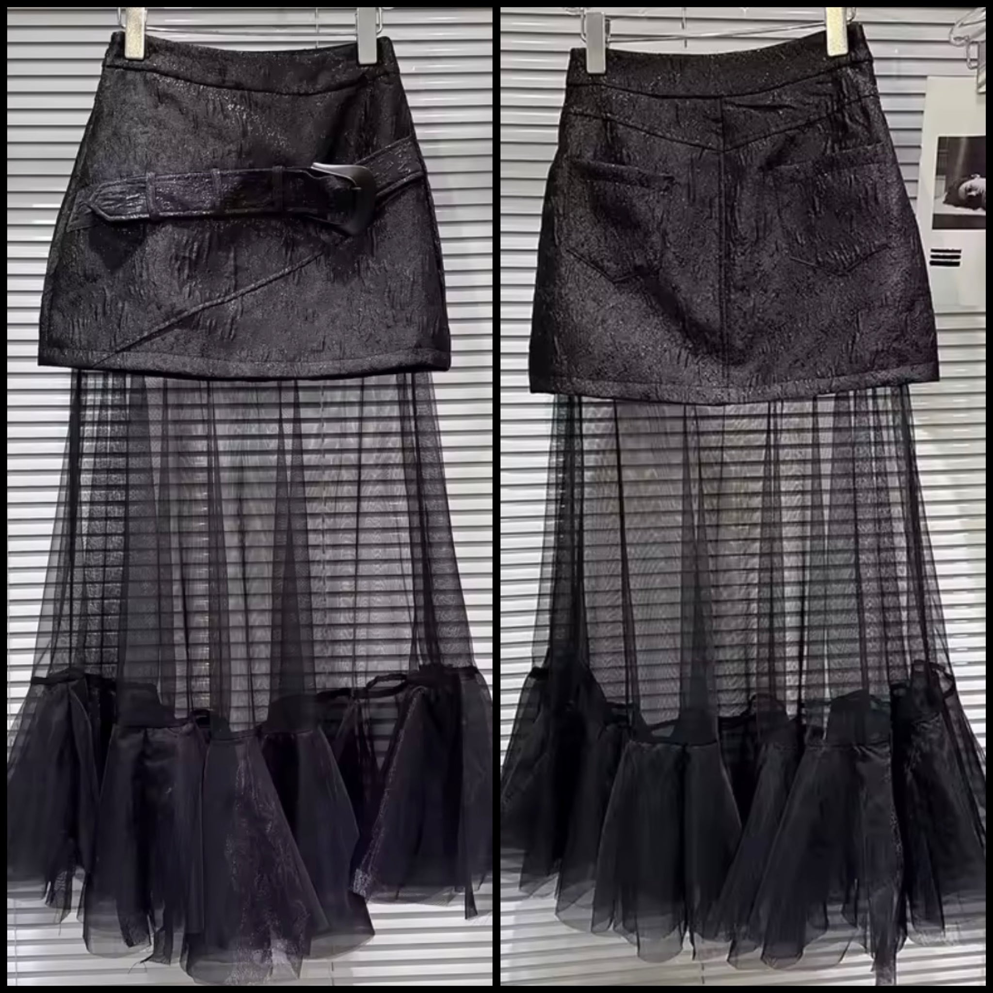 Women Buckled Ruffled Mesh Black Fashion Skirt