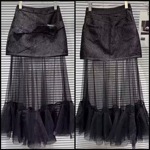 Women Buckled Ruffled Mesh Black Fashion Skirt