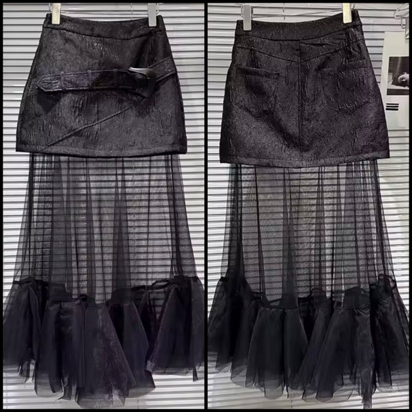 Women Buckled Ruffled Mesh Black Fashion Skirt