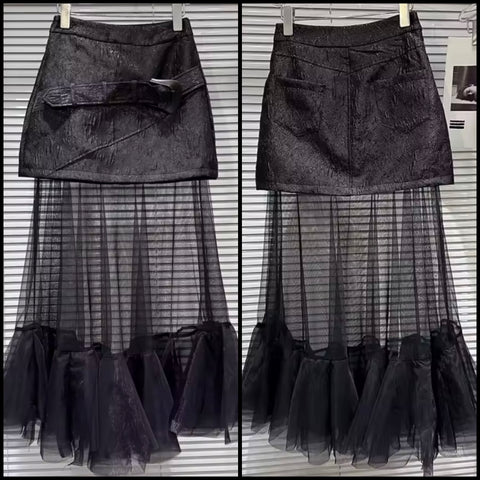 Women Buckled Ruffled Mesh Black Fashion Skirt
