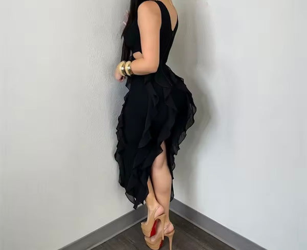 Women Solid Color Sleeveless Cut Out Ruffled Dress