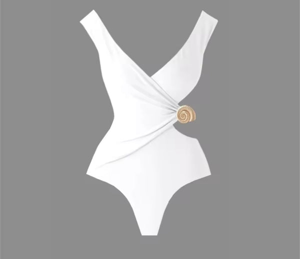 Women White Gold Cut Out Sexy Swimsuit Cover Up Set