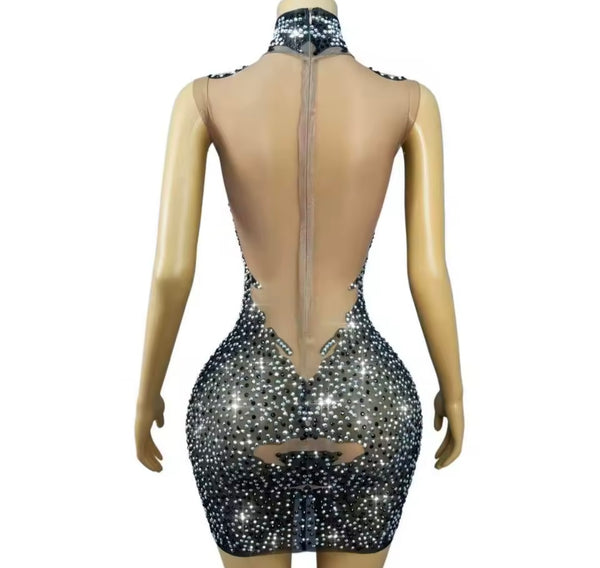 Women Sexy Sleeveless Mesh Black Rhinestone Dress