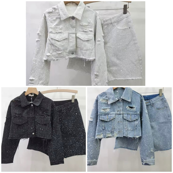 Women Fashion Ripped Bling Denim Jacket Two Piece Short Set