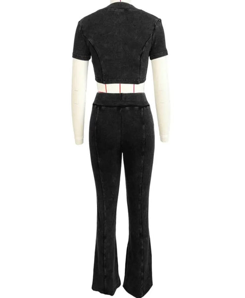 Women Fashion Zip Up Short Sleeve Two Piece Pant Set