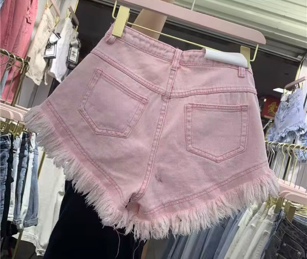 Women Color Fashion Fringe Denim Shorts