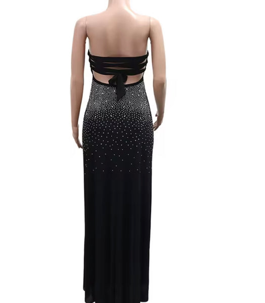 Women Strapless Rhinestone Tulle Sexy Maxi Dress