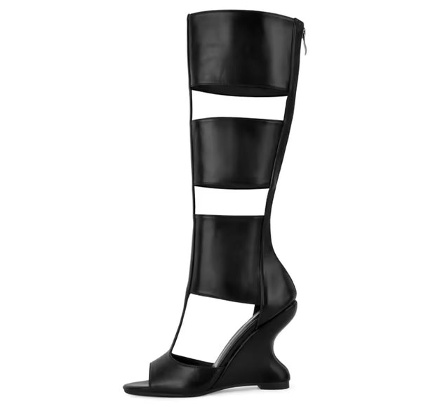 Women Black Fashion Open Toe Cut Out Wedge Knee High Boots