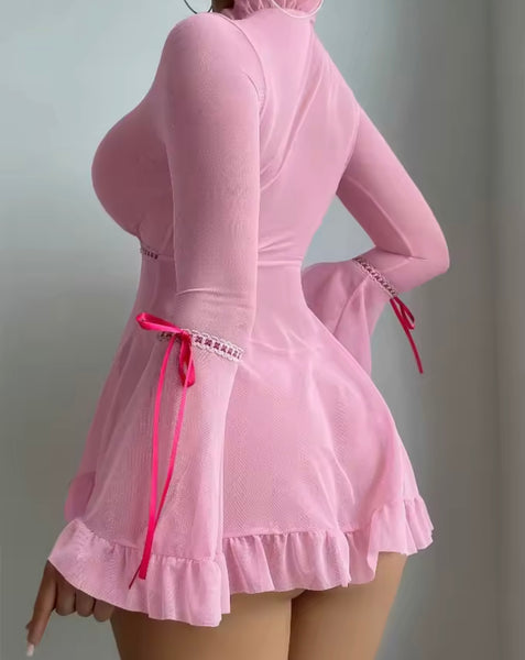 Women Sexy Bow Mesh Ruffled Full Sleeve Lingerie Set