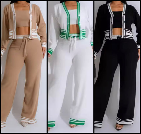 Women Fashion Color Patchwork Full Sleeve Three Piece Pant Set