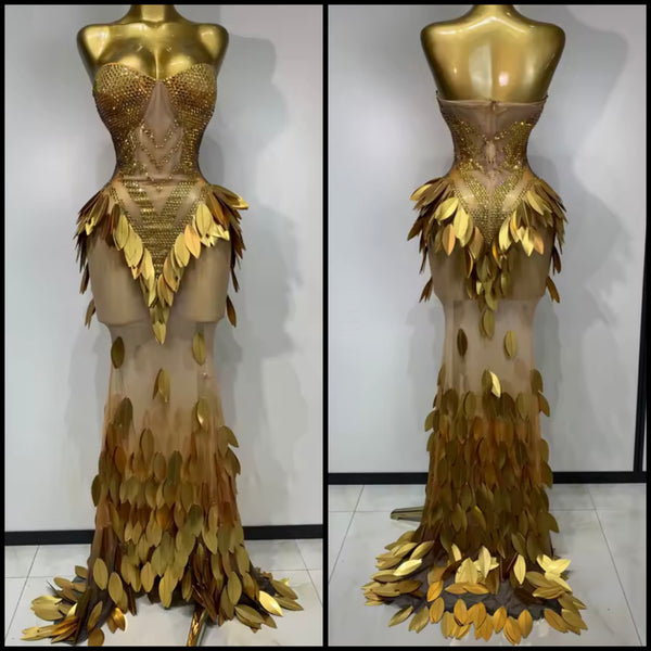Women Gold Sexy Strapless Sequins Rhinestone Mesh Maxi Dress