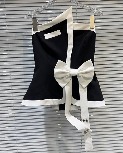 Women Sexy Strapless B&W Bow Crop Top