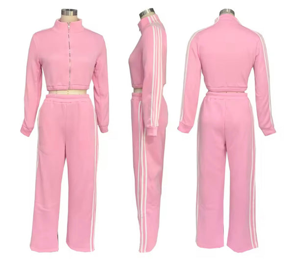 Women Striped Zip Up Fashion Two Piece Tracksuit Pant Set