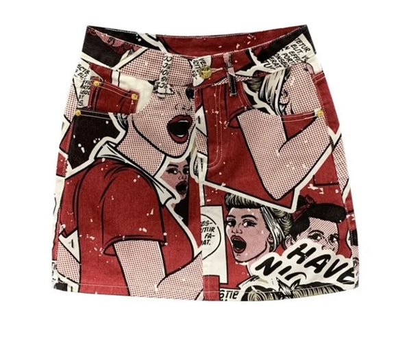 Women Fashion Cartoon Letter Print Denim Skirt