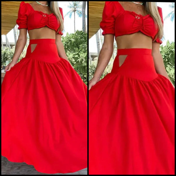 Women Sexy Red Short Sleeve Crop Two Piece Maxi Skirt Set