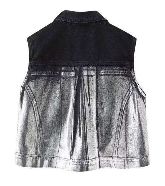 Women Fashion Sleeveless Metallic Gradient Two Piece Denim Skirt Set