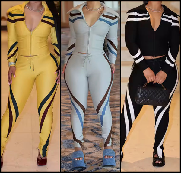 Women Striped Zip Up Full Sleeve Tracksuit Two Piece Pant Set