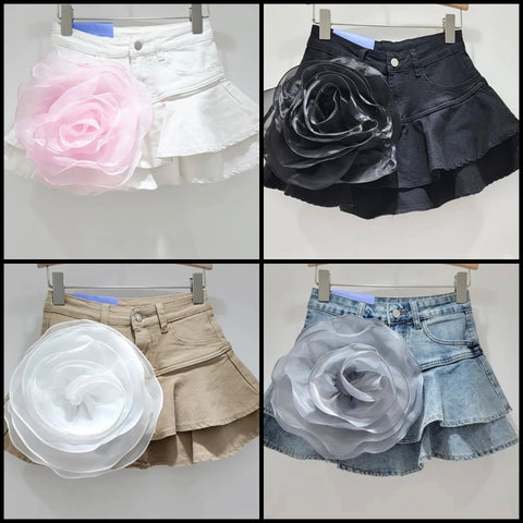 Women Fashion Color Floral Ruffled Denim Skirt